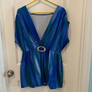Lovely Blue Green V-neck Tunic Blouse with Buckle
